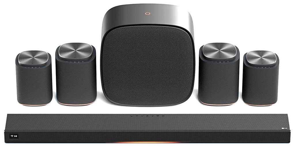LG Dolby-Atmos Sound-Suite mit Soundbar, 4 mal Surround und Subwoofer.